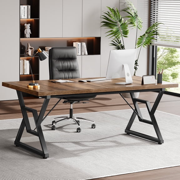Computer Desk Executive Desk With Thick Wooden Tabletop And Metal Frame