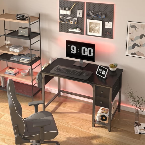 Computer Desk with Fabric Drawers, 40 Inch Reversible Gaming Desk for Small Space Home Office, Modern Simple Study Writing Table PC Desks for Bedroom, Black