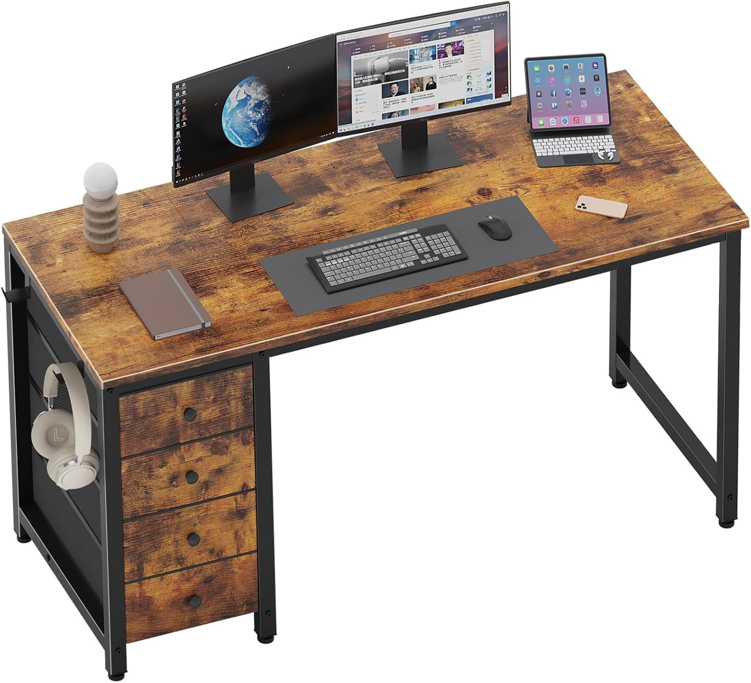 Computer Desk with Fabric Drawers - 55 Inch Long Study Work Writing ...
