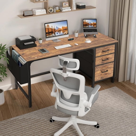 Computer Desk with Fabric File Drawers Cabinet, 55 Inch Reversible Home Office Desks with Filing Cabinet for Small Space, Study Writing Table PC Desks with Storage for Bedroom, Rustic Brown