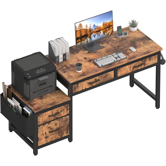 Computer Desk with Fabric File Drawers Cabinet, 57 Inch Home Office Desks with Filing Cabinet Printer Stand for Small Space, Study Writing Table PC Desks for Bedroom, Brown