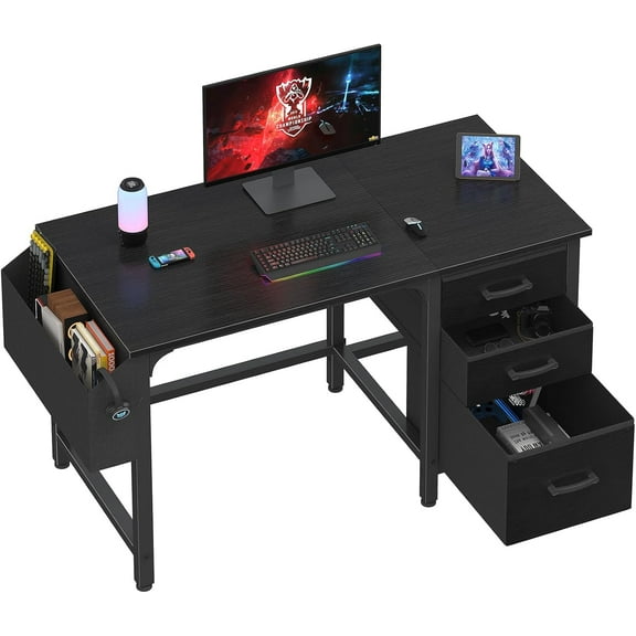Computer Desk with File Drawers Cabinet, 47 Inch Reversible Home Office Desks with Filing Cabinet for Small Space, Gaming Study Writing Table PC Desks, Black