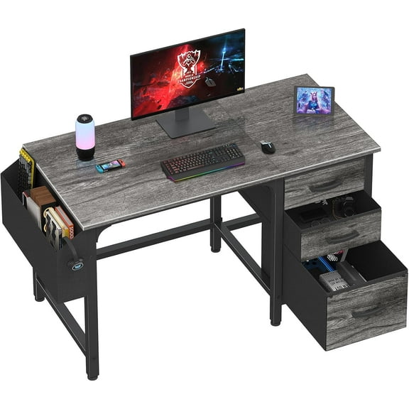 Computer Desk with File Drawers Cabinet, 47 Inch Reversible Home Office Desks with Filing Cabinet for Small Space, Gaming Study Writing Table PC Desks