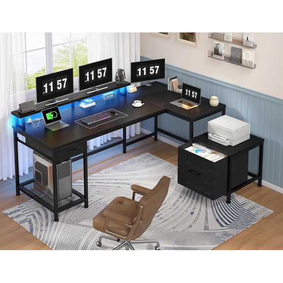 63''L Shaped Gaming Desk with LED Lights, Home Office Desks with Power Outlets, Computer Desk with Drawers & Monitor Shelf for Home Office, Study Room and Bedroom, Black