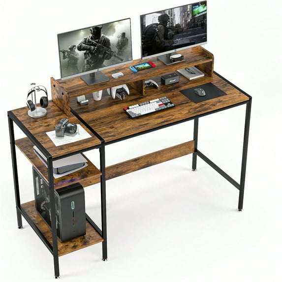 Computer Desk Gaming Desk With Monitor Stand, Home Office Desk For 2 Monitors, Writing Desk With Adjustable Storage Space,Sturdy And Durable Modern Small Desk