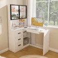 thumbnail image 1 of Computer Desk with Glass Cabinets & Built-In LED Lights, Corner L-Shaped Office Desk with USB Charging Ports, Keyboard Tray, Ergonomic Design for Home and Corporate Workspaces(White), 1 of 9