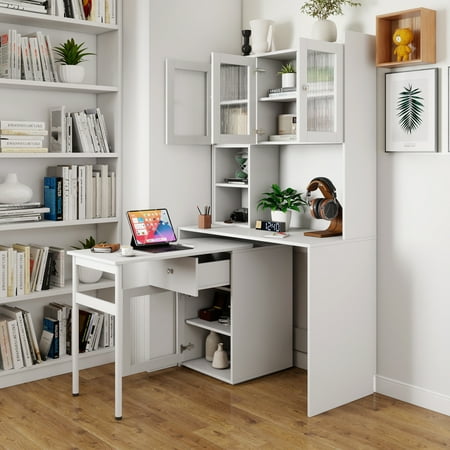 Computer Desk with Glass Door, Bookshelf & Hutch, 90 Degree Rotating Desktop | Spacious workspace with versatile storage, extendable panel, for home office or study