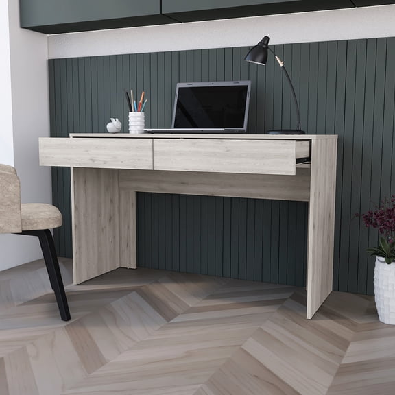 Computer Desk , Gray - Two Drawer For Business Productivity Spacious Top Setup Particle Board Structure Finish With Compartment Utilization And Space Screen, Keyboard, Laptop Arrangement