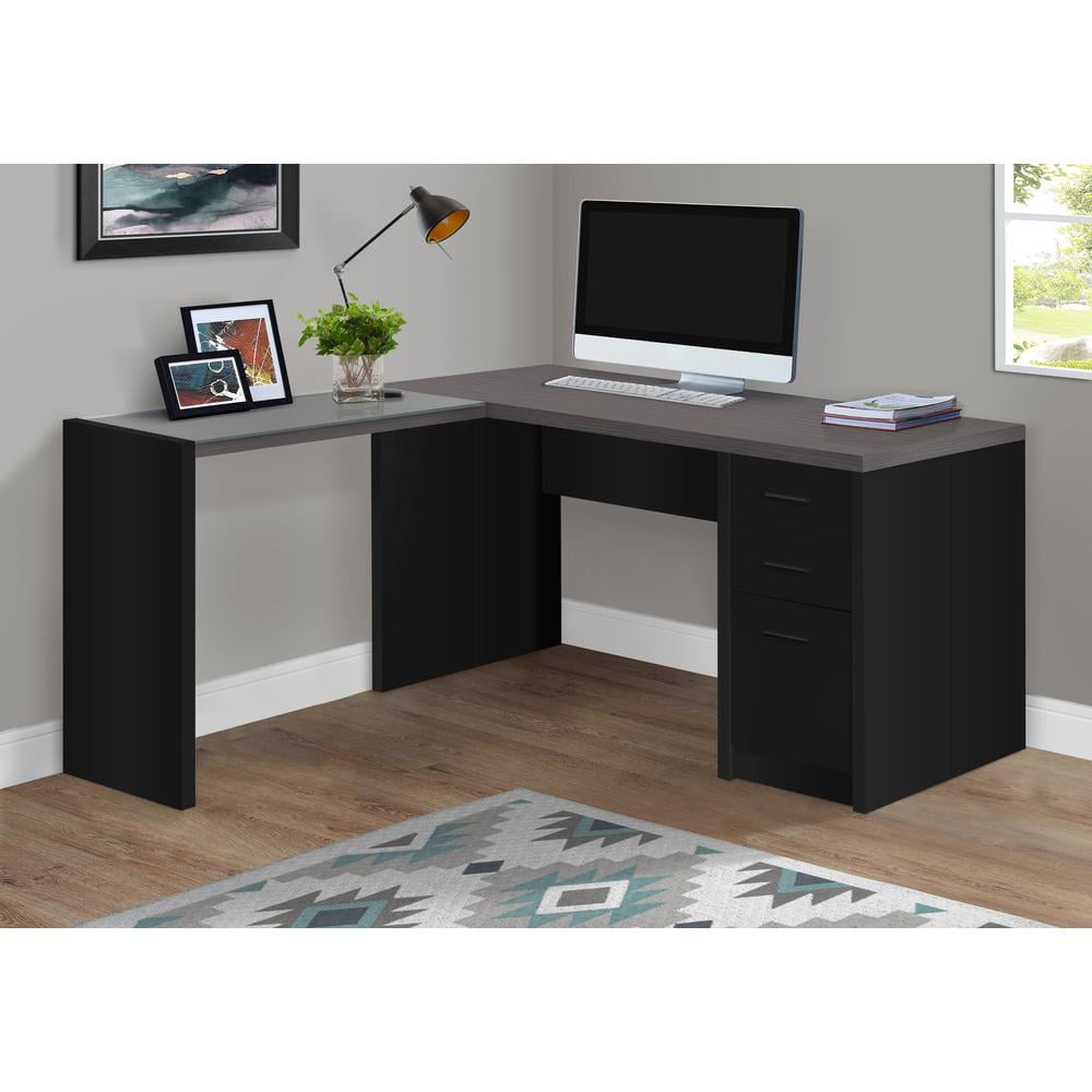 Contemporary Black L-Shaped Corner Desk with Glass Detail and Filing Cabinet