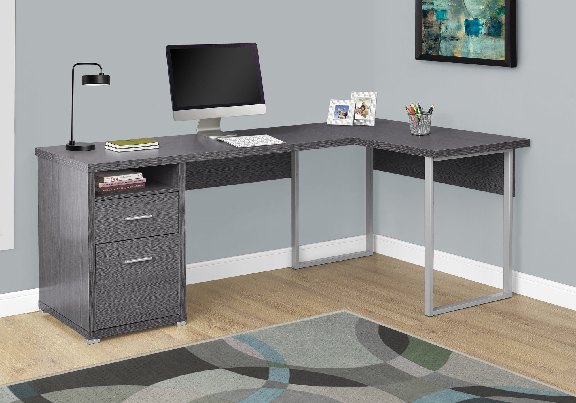 63 Modern Black Home Office Desk with Drawers & Side Cabinet in Gold Base