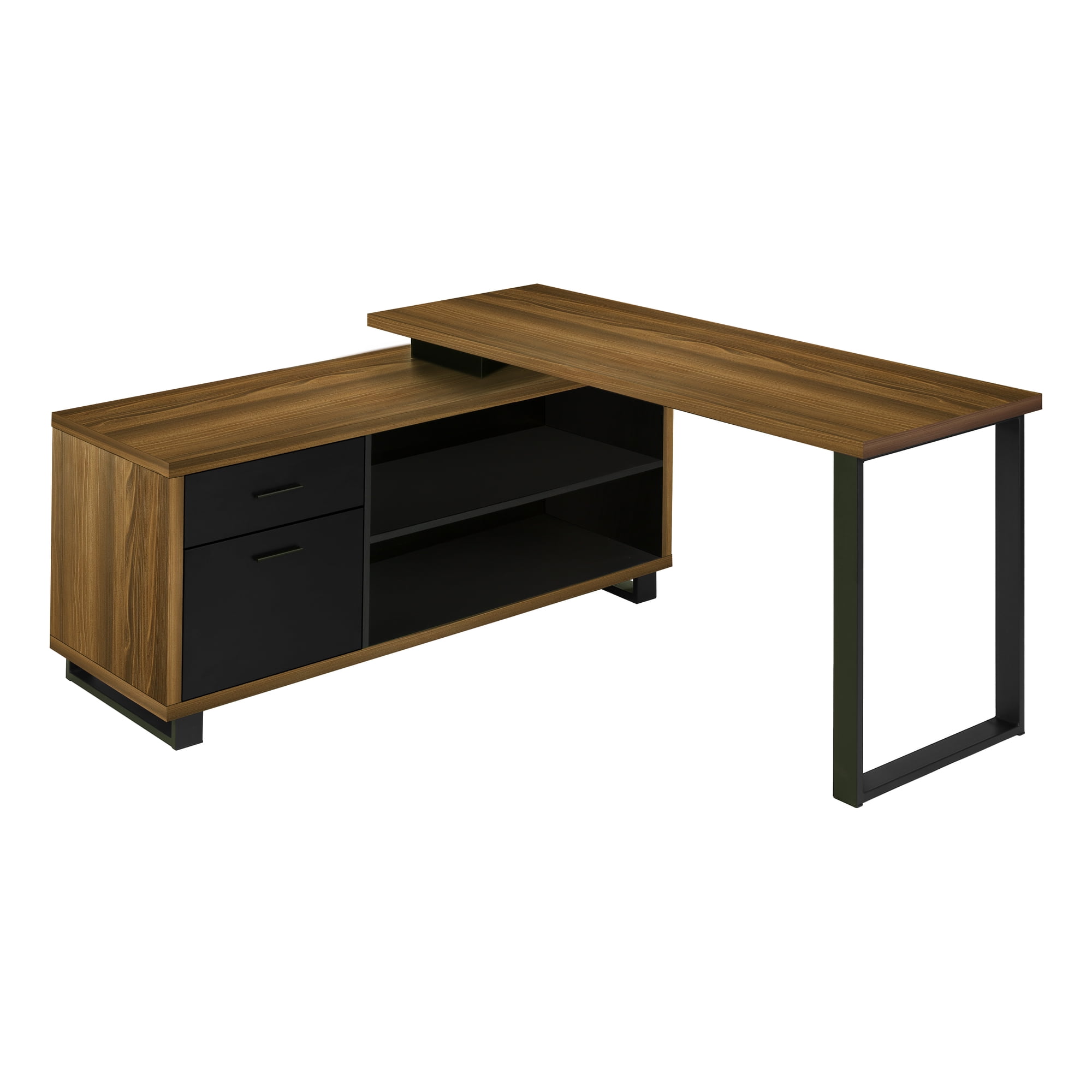 Walnut and Black L-Shaped Executive Corner Desk with Storage Drawers