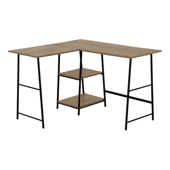 Computer Desk, Home Office, Corner, Storage Shelves, 48"l, L Shape, Work, Laptop, Brown Laminate, Black Metal, Contemporary, Modern