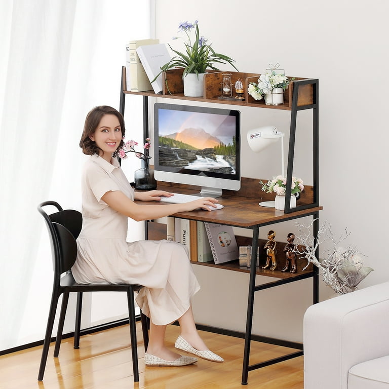 ANBAZAR Home Office Hutch 59 in. Teak Computer PC Laptop Study Table 3-Drawer Writing Desk with Open Storage Shelves, Brown