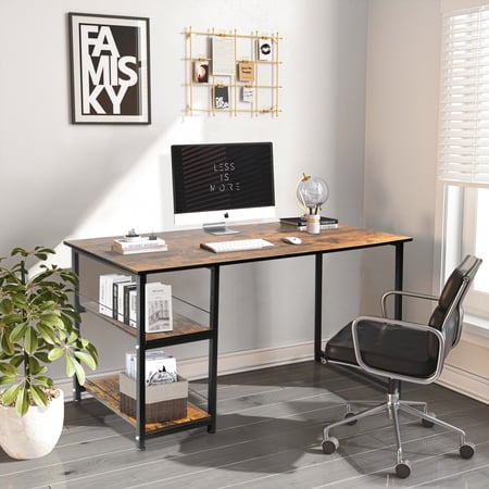 Computer Desk Home Office Desk with 2 Tiers Shelves Rustic Dark Brown
