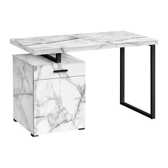Computer Desk, Home Office, Laptop, Left, Right Set-up, Storage Drawers, 48"l, Work, White Marble Look Laminate, Black Metal, Contemporary, Modern