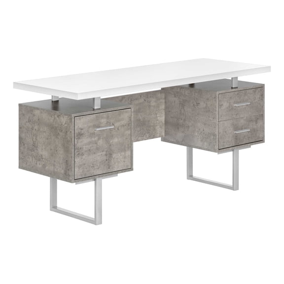 Computer Desk, Home Office, Laptop, Left, Right Set-up, Storage Drawers, 60"l, Work, White And Grey Concrete Laminate, Grey Metal, Contemporary, Modern