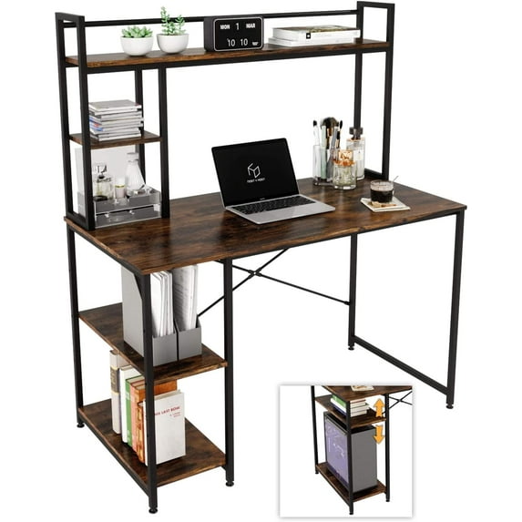 Computer Desk with Hutch & Bookshelf, Home Office Working Table with Hutch & 2 Tier Adjustable Shelves, Sturdy Wooden Desk for Study Gaming, Easy Assemble, 47.2 inches, Rustic Brown