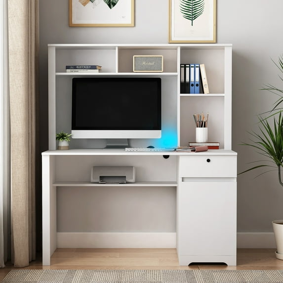 Computer Desk with Hutch and Bookshelf,Wood Executive Desk Teens Student Desk Writing Laptop Home Office Desk with Drawers,3 AC Outlets and 2 USB Charging Ports,Study Laptop Table for Home -White