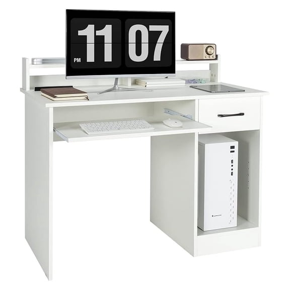 Computer Desk with Hutch, Home Office Desk with Drawer, Adjustable Shelf & Keyboard Tray, Study Writing Desk, Executive Workstation for Living Room, Bedroom & Study (White)