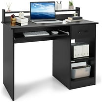 Computer Desk with Hutch & Keyboard Tray, Home Office Workstation with Drawer, Adjustable Shelves, Modern Vanity Table for Bedroom, Wooden Writing Study Laptop PC Desk (Black)