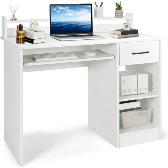 Computer Desk with Hutch & Keyboard Tray, Home Office Workstation with Drawer, Adjustable Shelves, Modern Vanity Table for Bedroom, Wooden Writing Study Laptop PC Desk (White)