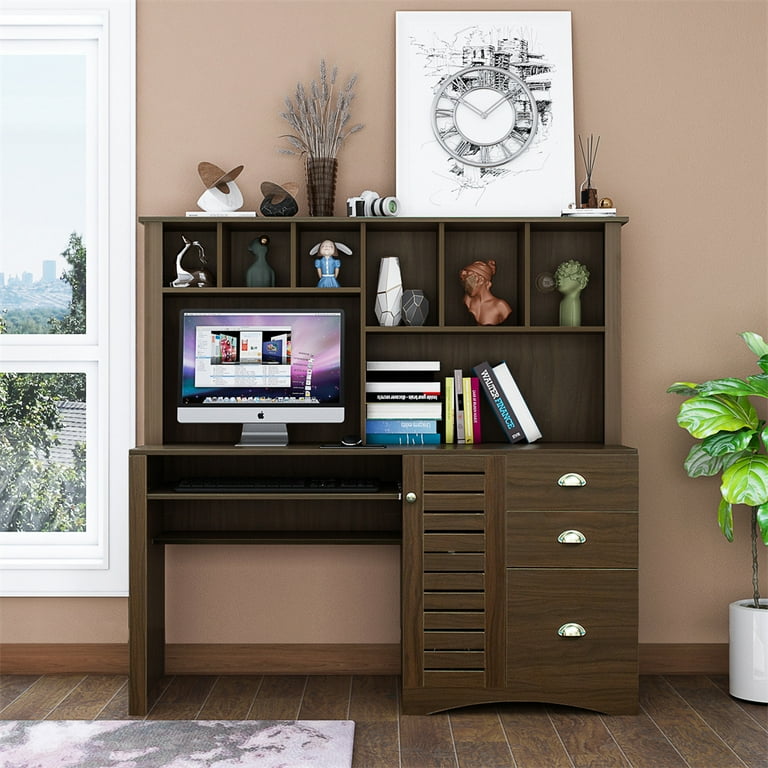 Computer Desk with Hutch and Keyboard Tray Solid Wood Home Office Desk Study Table with 2 Tier Open Shelves 3 Drawer Cable Hole Multifunctional