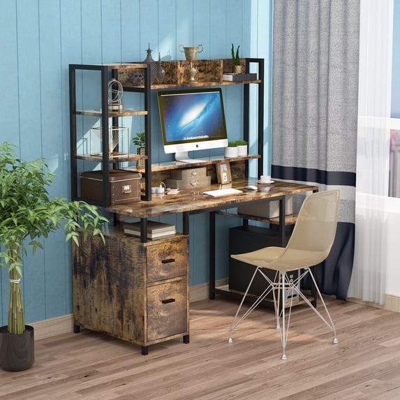 Computer Desk with Hutch and Storage Shelf, 65" Home Office Desk with ...