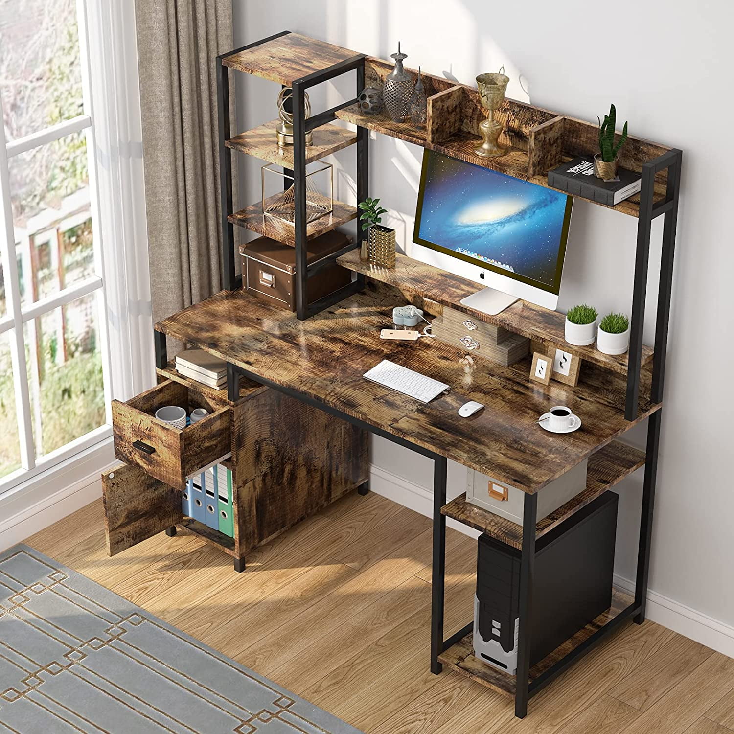 Wood computer deals desk with hutch