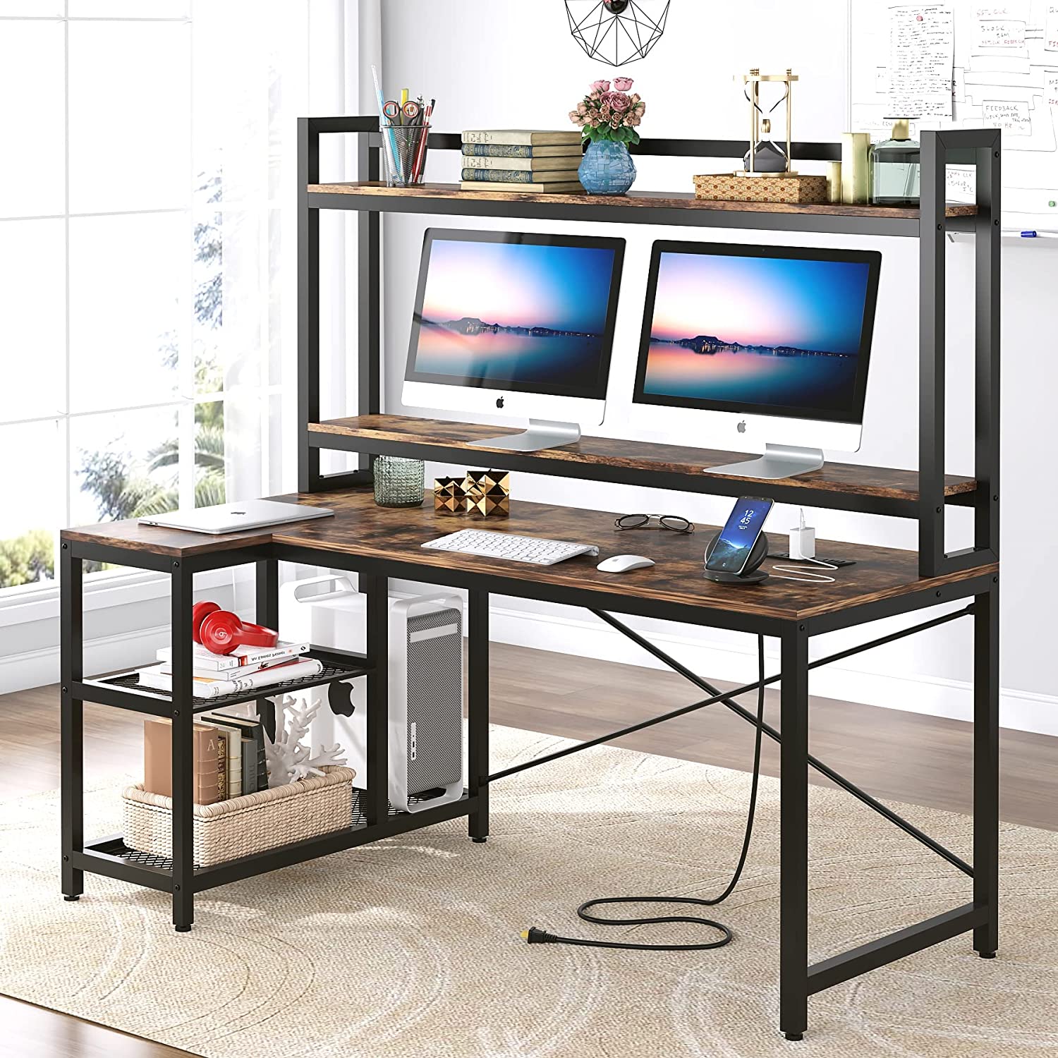 Computer Desk with Hutch and Storage Shelves 51 inch LShaped Corner
