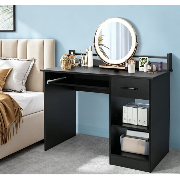 Computer Desk with Hutch, Wood PC Gaming Desk with Drawers, Open Storage Shelves, Keyboard Tray, Monitor Stand, Student Desk for Bedroom, Small Home Office Desk for Small Spaces (Black)