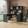 thumbnail image 1 of Computer Desk with Hutch, Wooden Executive Desk Student Computer Table Desk with Storage Shelves and Storage Drawer, L Shaped Home Office Desk Studying Writing Table for Small Space Sutdy, Black, 1 of 7