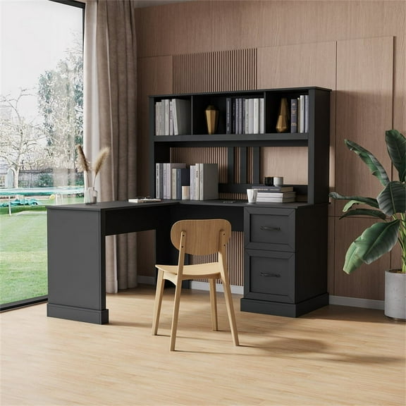 Computer Desk with Hutch, Wooden Executive Desk Student Computer Table Desk with Storage Shelves and Storage Drawer, Home Office Desk Studying Writing Table for Bedroom Small Space, Antiqued Black