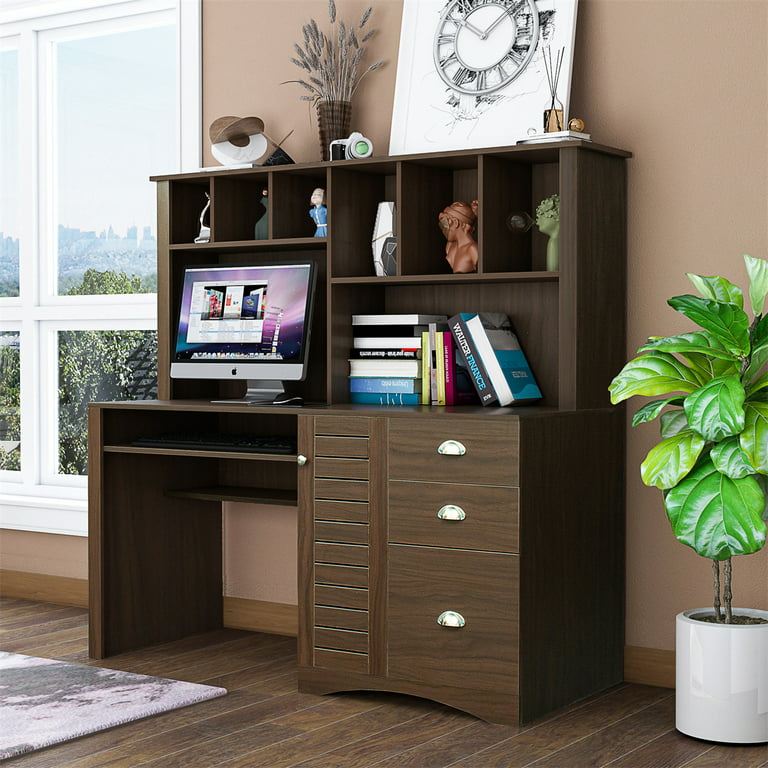 Computer Desk with Hutch, Writing Desk Study Table Storage Cabinet with  2-Tier Open Shelf & 3 Large Drawer, 59.06'' Craft Desk Workstation Desk  with
