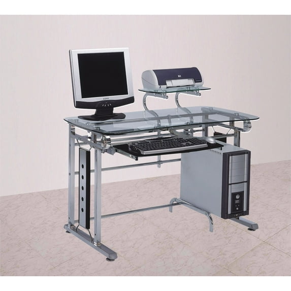 Computer Desk In Contemporary Style, Silver Chrome & Clear Glass