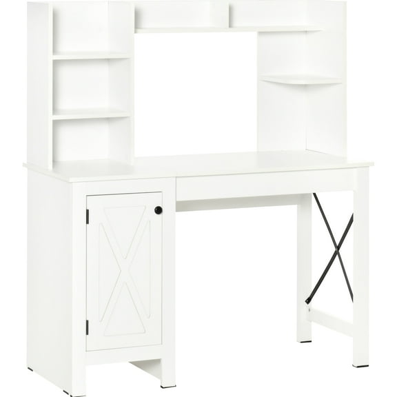 Computer Desk In White - And Cabinet For Storage 2 Door Cabinet, 8 Open Shelves A Neat Office Stable Functional Desk, With , Ample Workspace