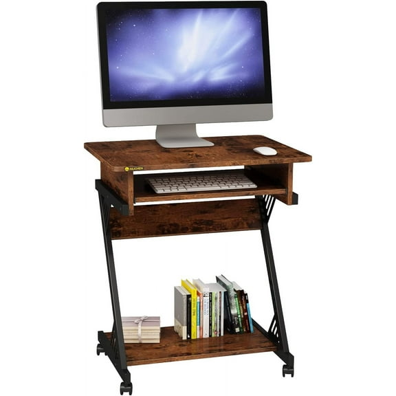 Computer Desk with Keyboard Tray, 23.6 inch Rolling Small Desk with Wheels, Computer Cart with Storage, Mobile Desk Z Shaped for PC, Home Office, Brown