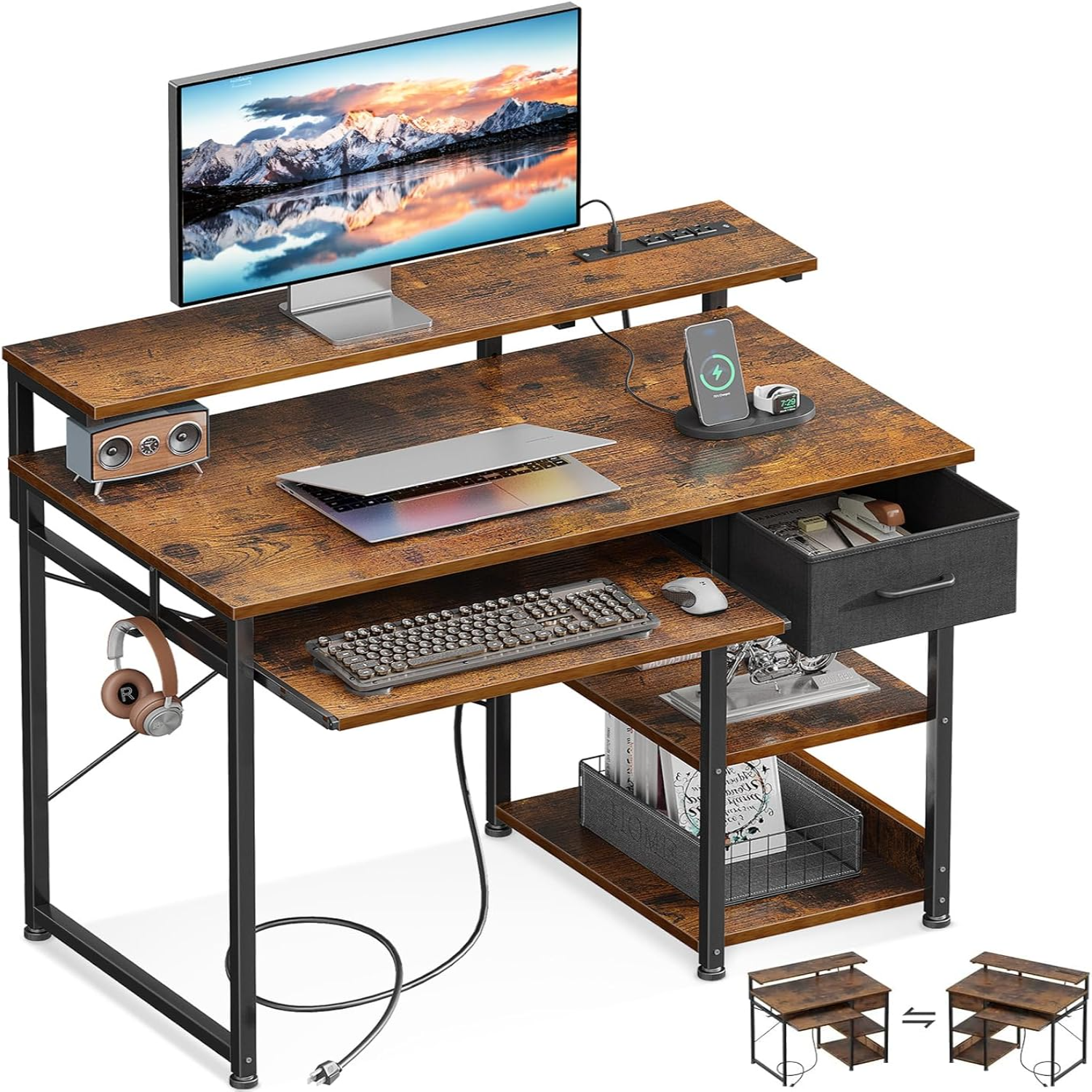 Computer Desk with Keyboard Tray 55 Inch Office Desk with Power Outlet