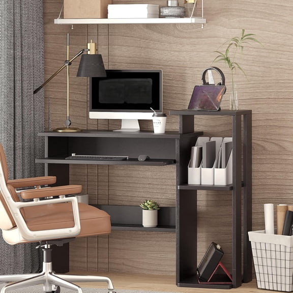 Computer Desk with Keyboard Tray and Bookshelf, 26''Home Office Desk for Space Saving, Small Home Laptop Notebook Computer Desk with Square Shelves Computer Writing Desk
