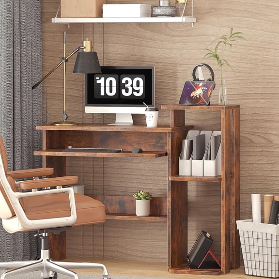 Computer Desk with Keyboard Tray and Bookshelf, 26''Home Office Desk for Space Saving, Small Home Laptop Notebook Computer Desk with Square Shelves Computer Writing Desk
