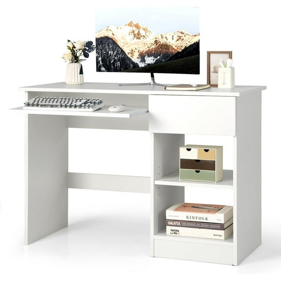 Computer Desk with Keyboard Tray and Drawer, Home Office Desk with Adjustable Shelves & Cable Hole, Modern Vanity Table for Bedroom, Teens Gaming Desk, Writing Study Workstation (White)