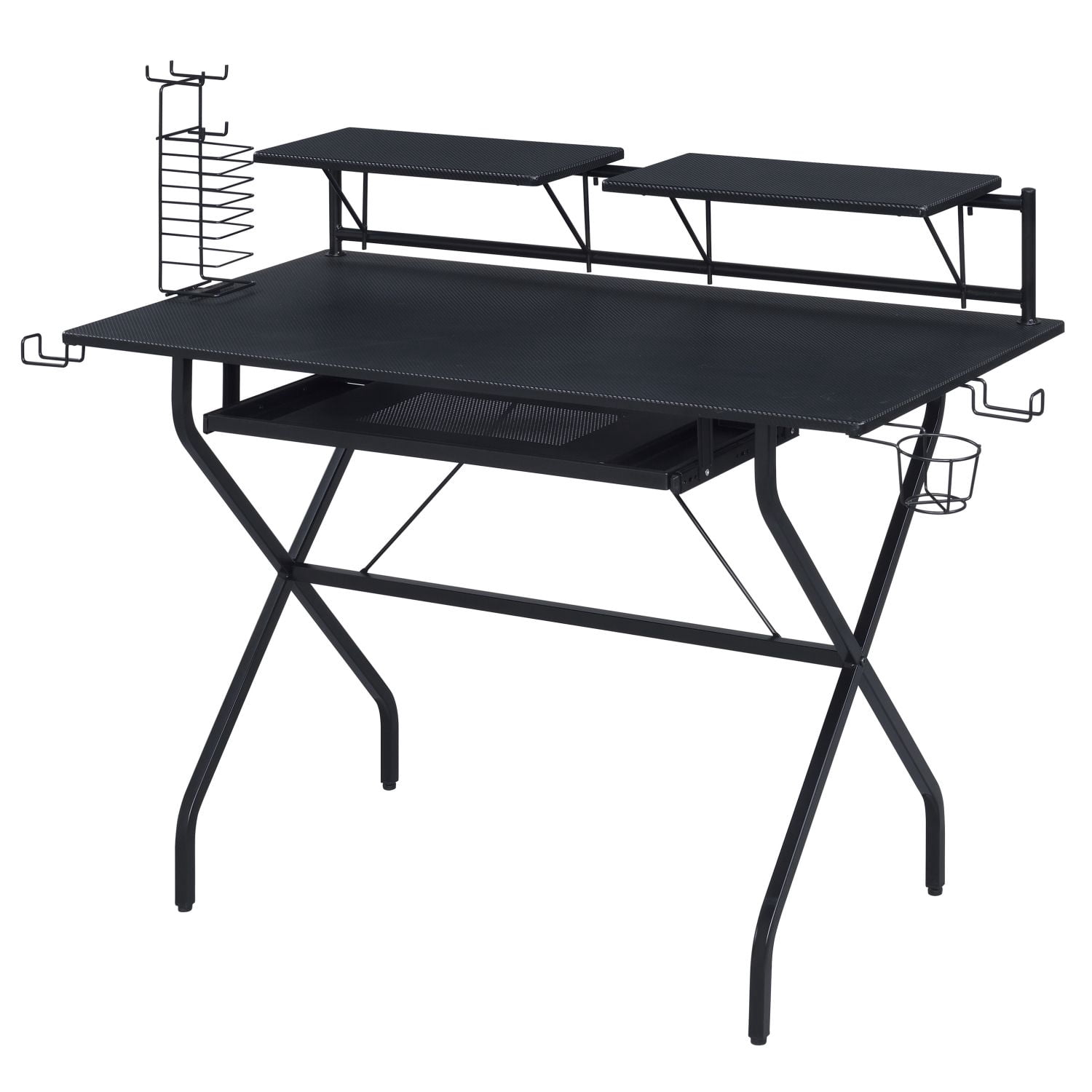 Computer Desk with Keyboard Tray, Wooden Top and Metal Frame, 47.5 in Writing Desk with Shelves, Headset Hooks and Game Rack for Gaming and Office Work