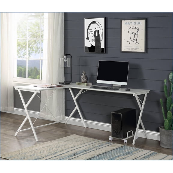 Computer Desk, L-Shape Space-Saving Corner Design with Sturdy Metal Frame & CPU Holder, White Finish | Metal & Wood | White