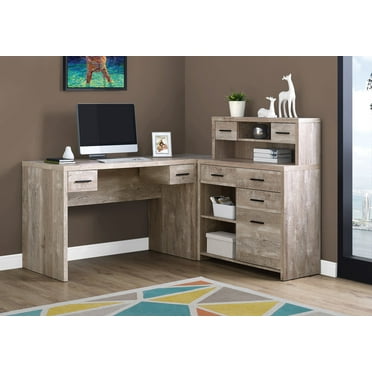 Computer Desk - L-Shaped / Corner / Hutch / 8 Drawers / 3 Cubbies / Reversible - 63"L X 59"W - Taupe Reclaimed Wood-Look