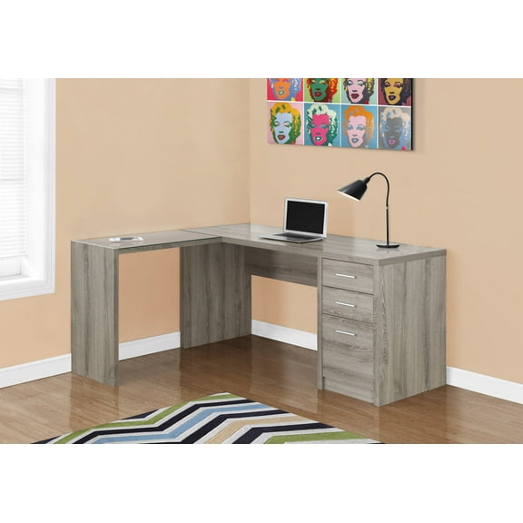 Computer Desk - L-Shaped / Corner / Partial Tempered-Glass Surface / 3 Drawers - 60"L X 55"W - Dark Taupe Wood-Look