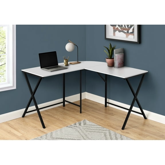 Computer Desk - L-Shaped / Rounded Corner / Metal Base With X-Shaped Sides - 55"L X 55"W - White / Black