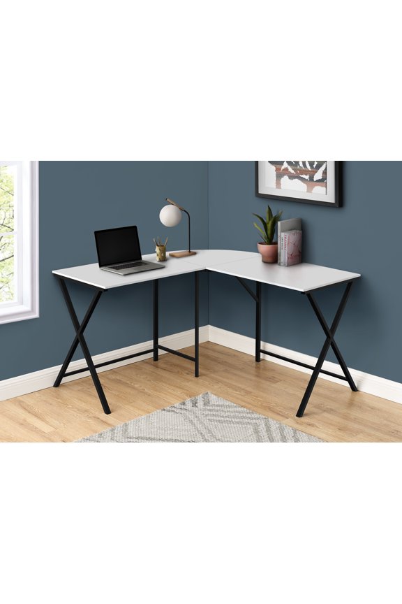 Computer Desk - L-Shaped / Rounded Corner / Metal Base With X-Shaped Sides - 55"L X 55"W - White / Black