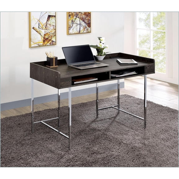 Computer Desk Modern Contemporary with USB/Power Outlet, Storage Drawer, Wood/Steel | 47.25"W x 23.5"D x 31.75"H | Brown, Chrome