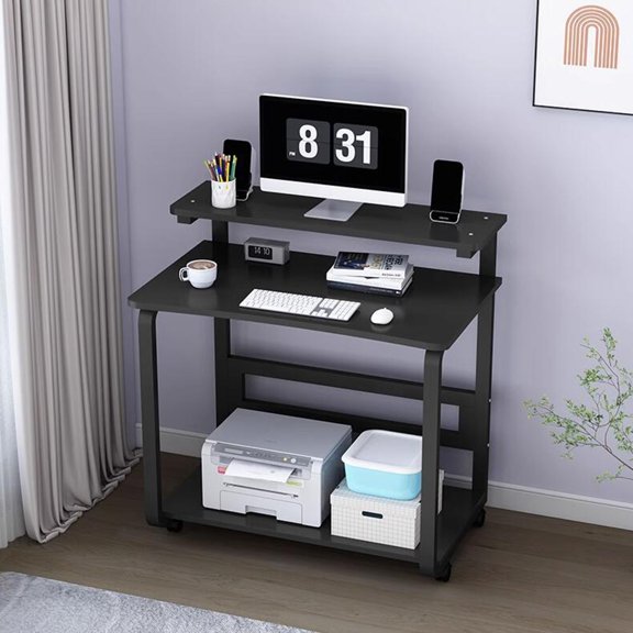 Computer Desk With Monitor Stand, 3-Tier Storage Shelves Home Office Desks, Work Study PC Office Desk For Small Spaces, Rolling Laptop Desk On Wheels For Home Office