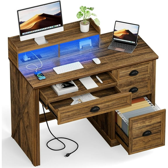 Computer Desk with Monitor Stand, 47 in Farmhouse Home Office Desk with LED Lights Power Outlets, Executive Desk with Storage for Working Gaming, Study Writing Table for Bedroom, Walnut
