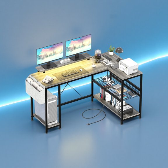 Computer Desk with Monitor Stand Storage Shelves, 49 Inch L Shaped Reversible Corner Unit Power Outlet LED Lights Gaming Writing Home Office Workstation
